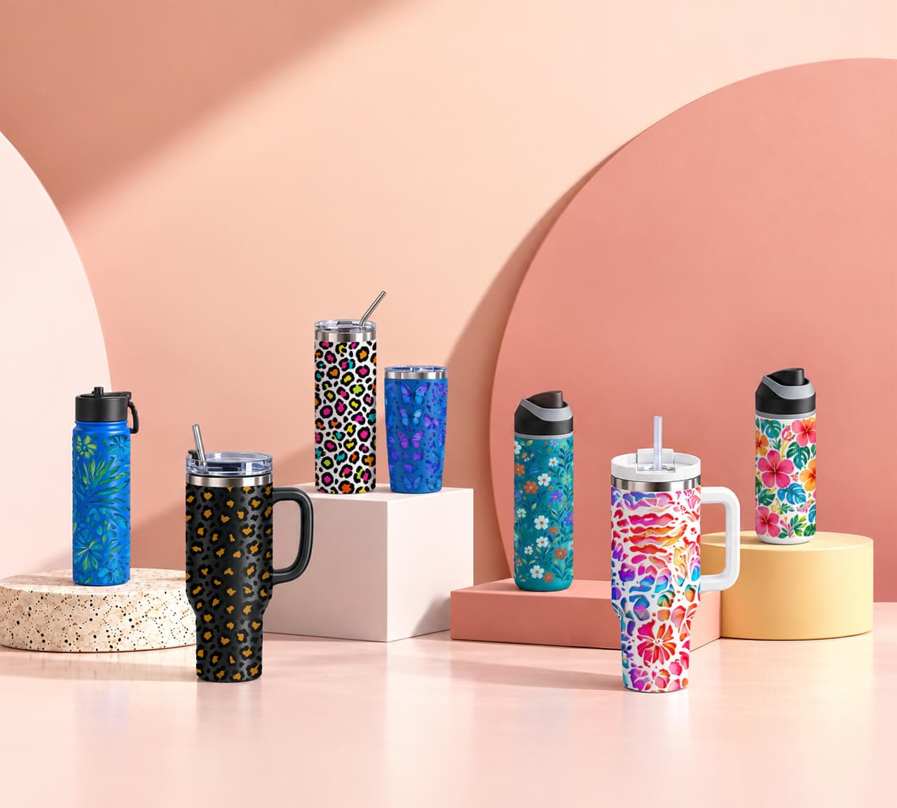 Personalized drinkware showing vivid print colors and multiple finish effects