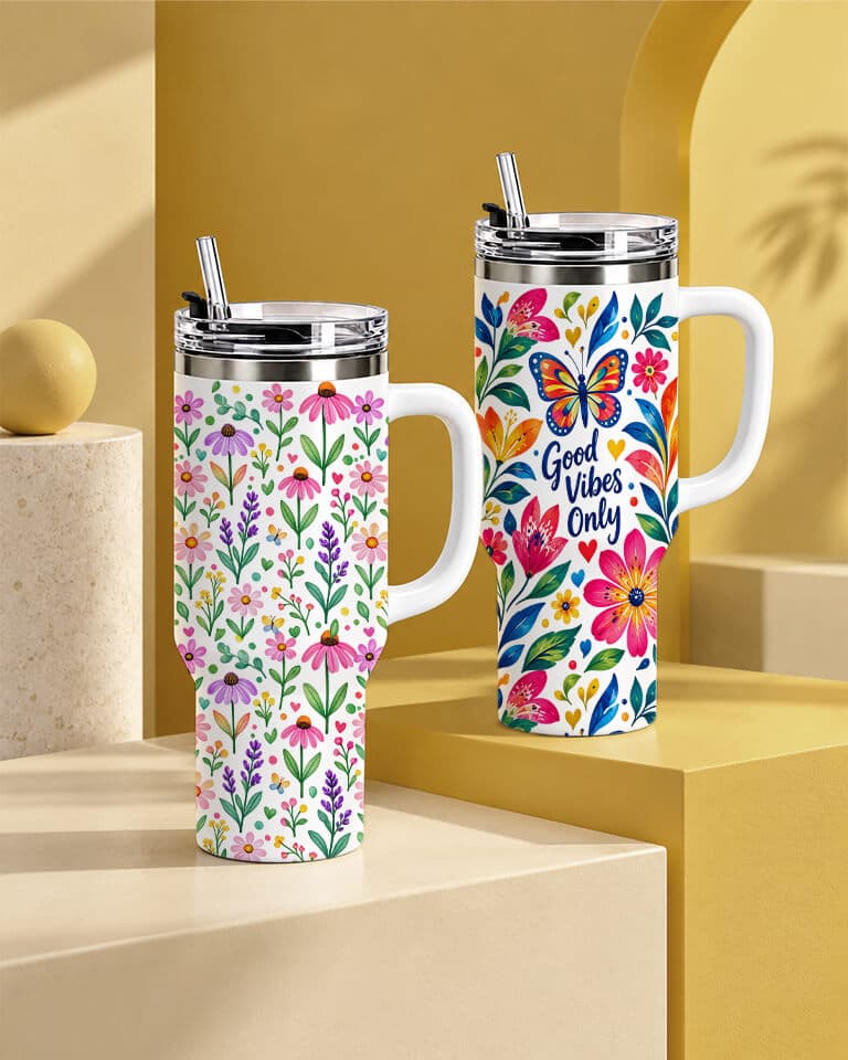 40oz handled tumbler with a vivid full-wrap floral UV design