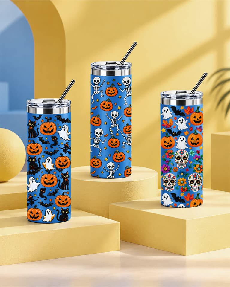 20oz tumbler featuring a bold Halloween-themed UV print