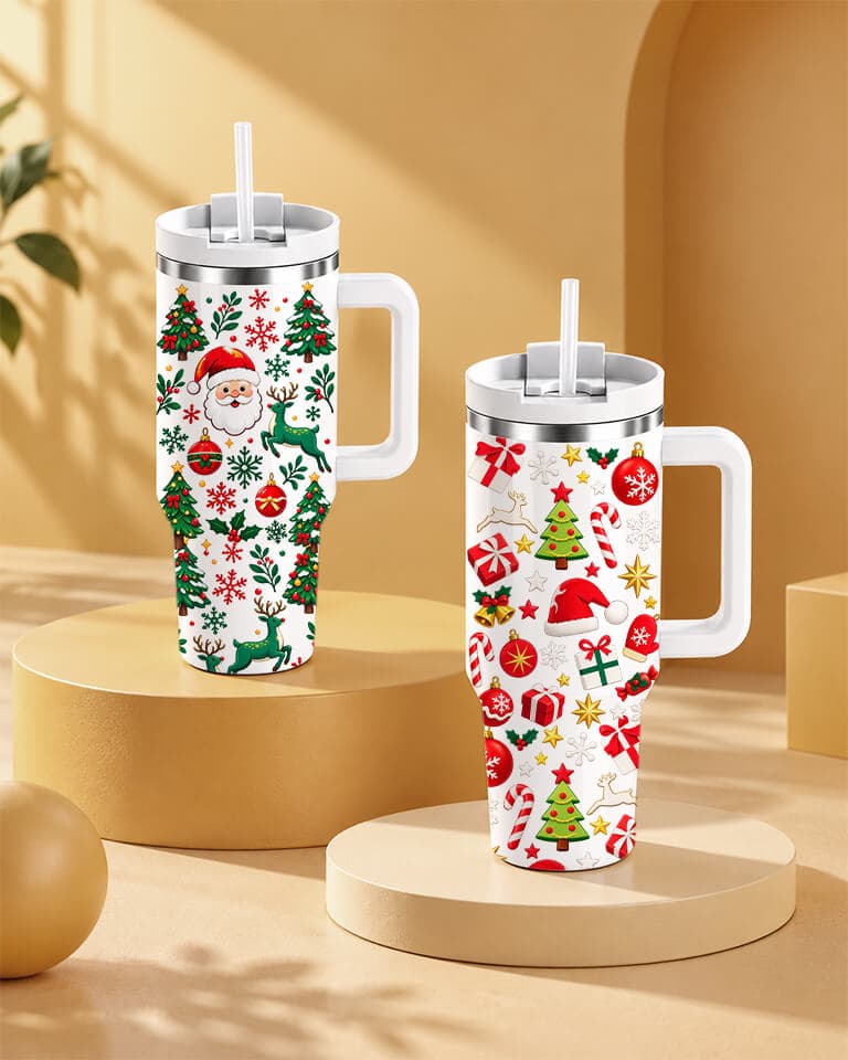 30oz tumbler decorated with a festive Christmas UV design