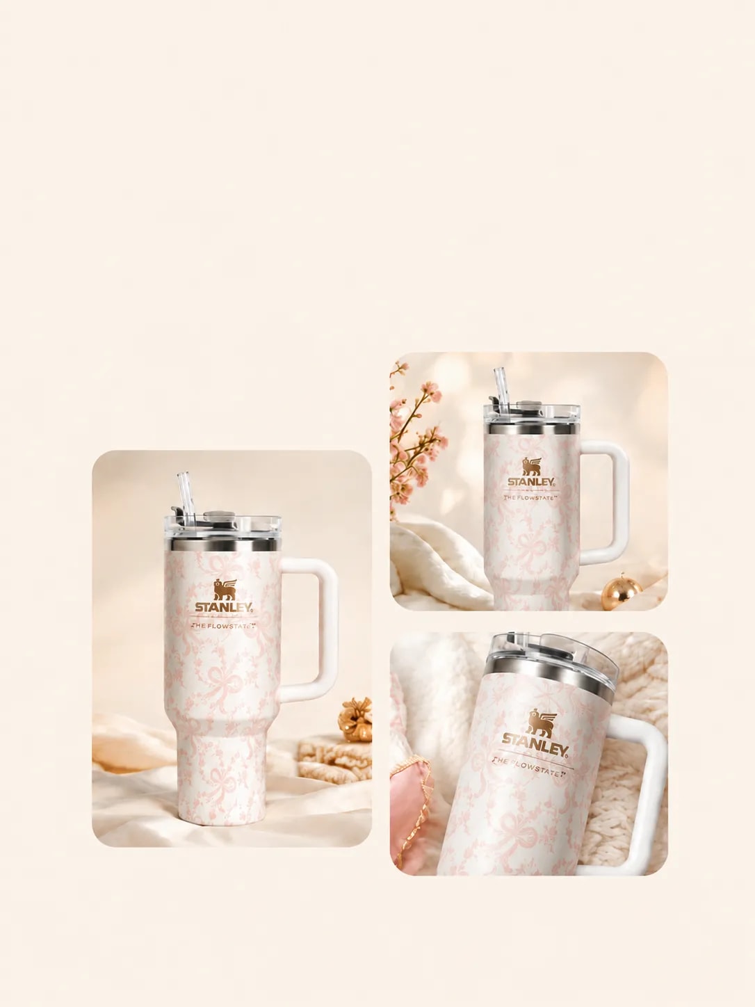 A 40oz handle tumbler, insulated water bottle, and 20oz travel tumbler with dimensional botanical 3D UV graphics in a green studio setting