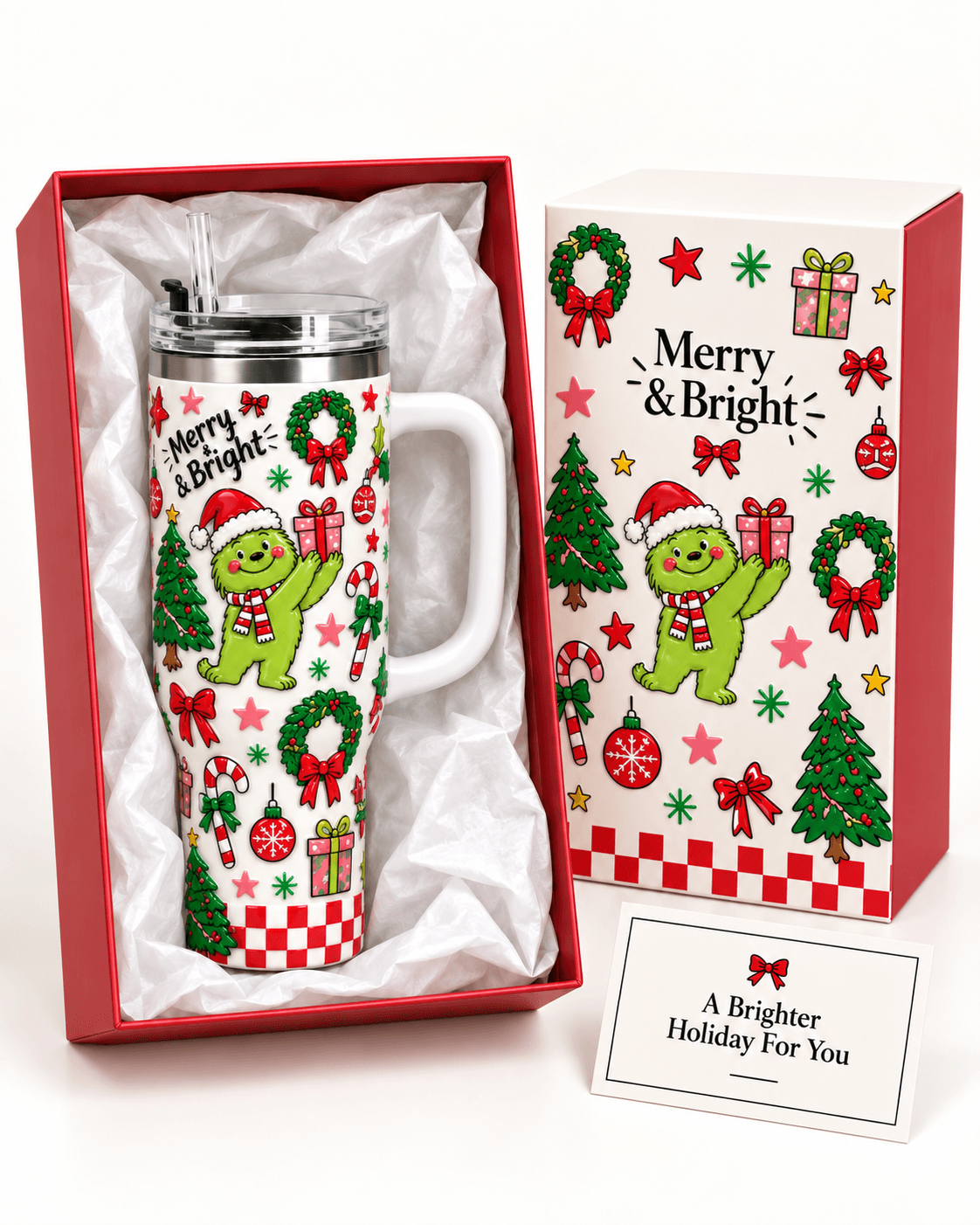 Custom floral tumbler placed in coordinated branded packaging