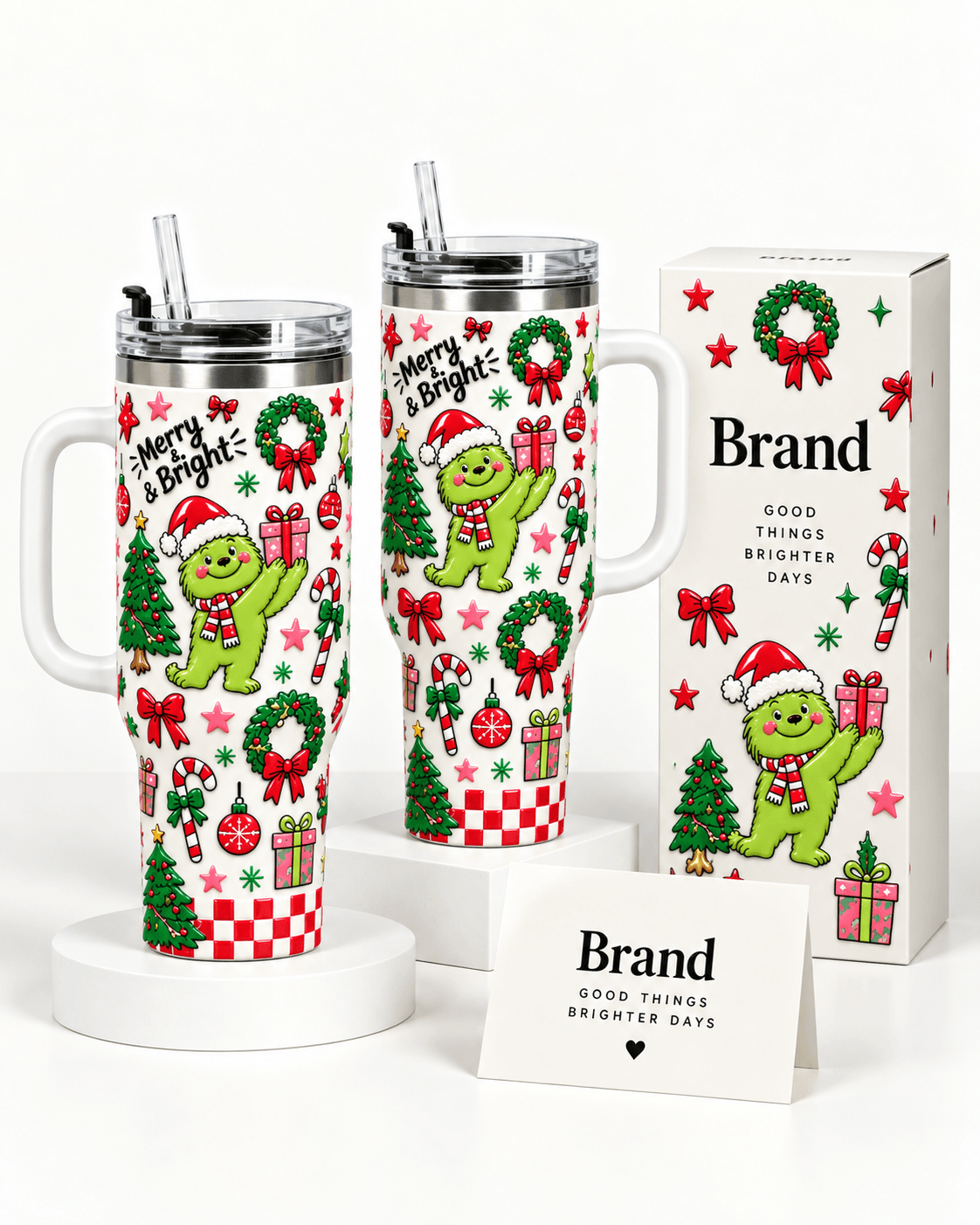 Custom tumbler and matching packaging presented as a complete brand collection