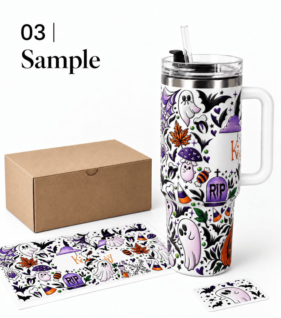 Finished floral tumbler sample presented in custom packaging