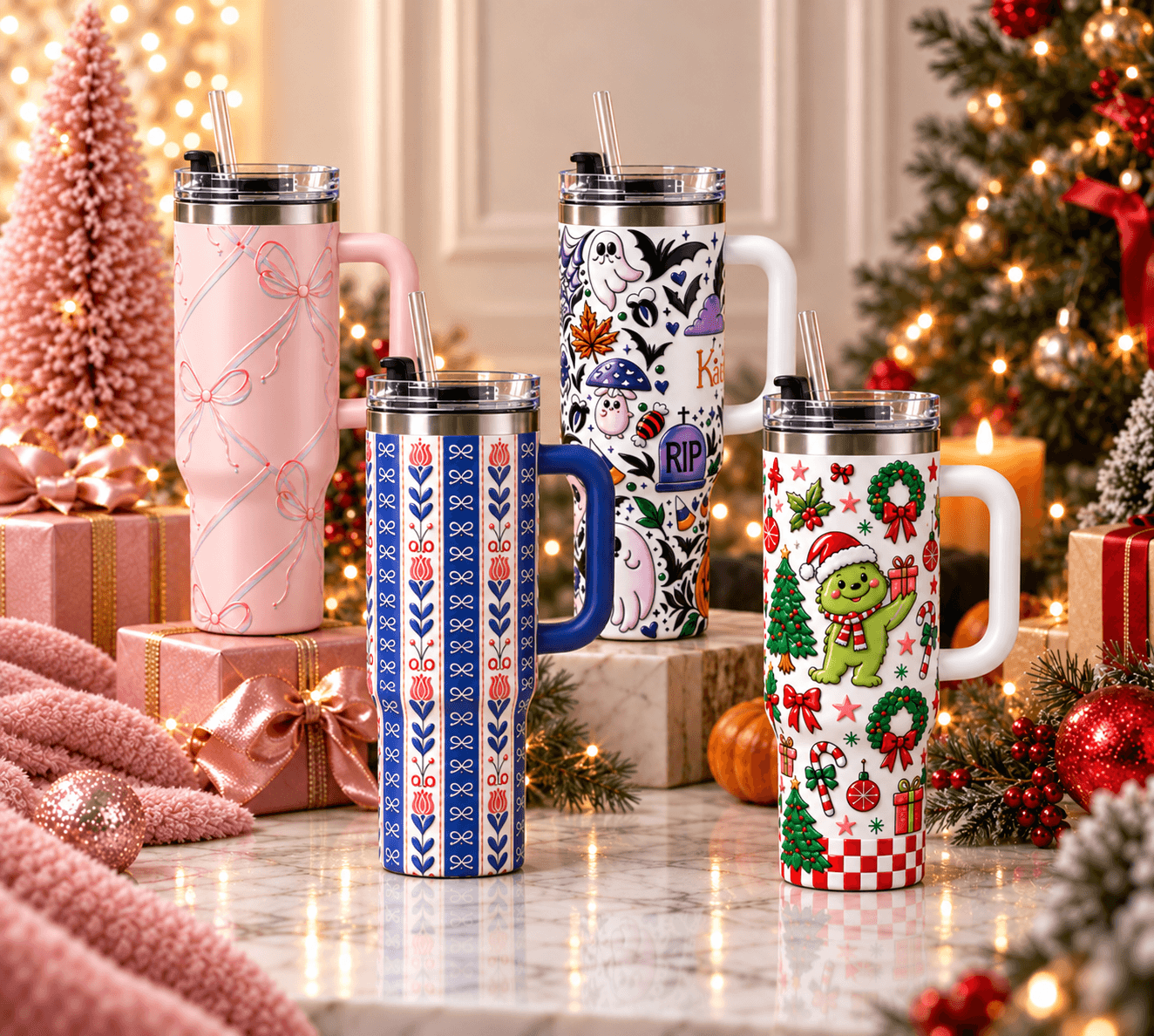 Six colorful custom printed handled tumblers with floral and tropical artwork