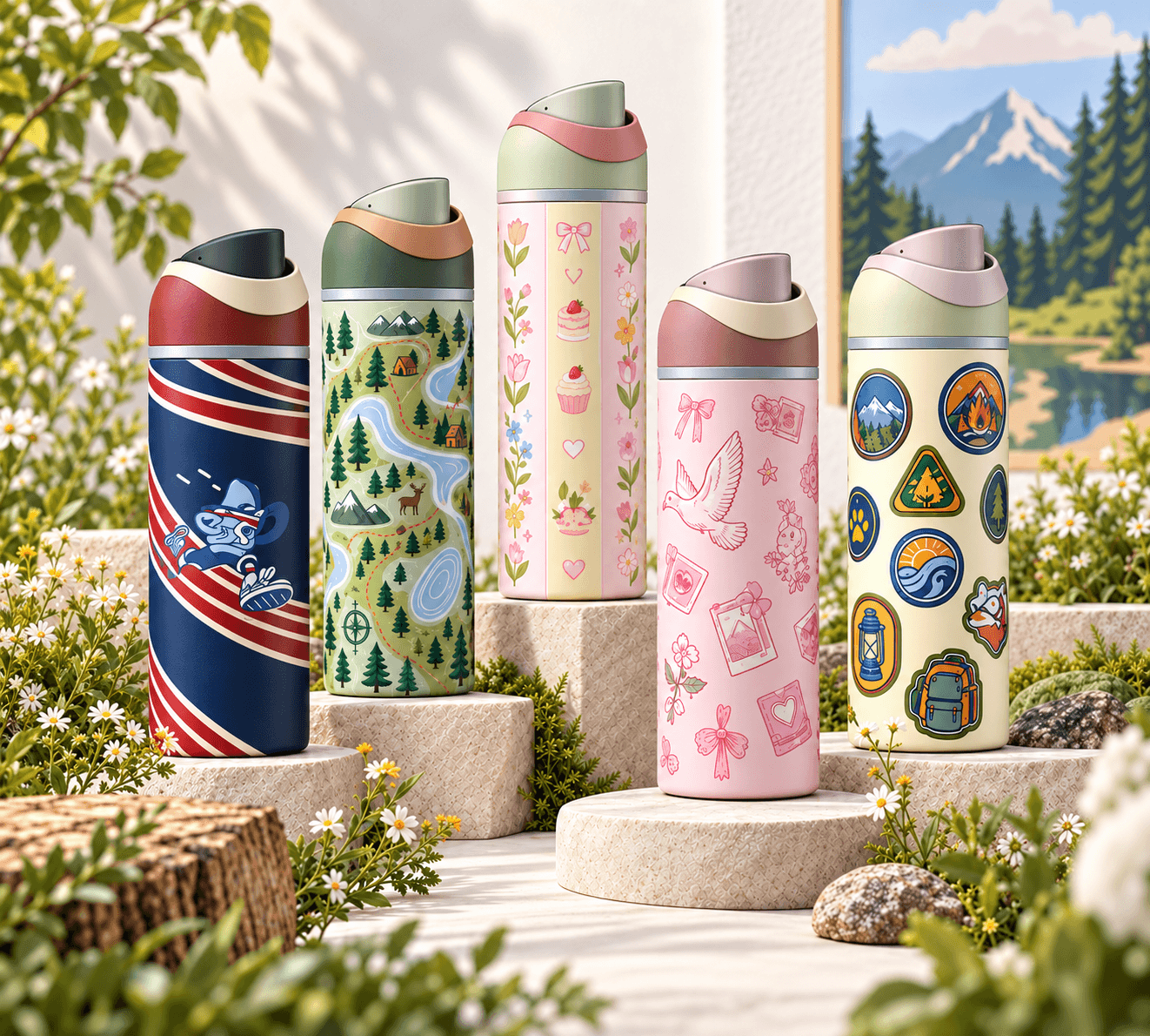 Pink floral custom tumbler presented in a matching gift box with a reusable straw