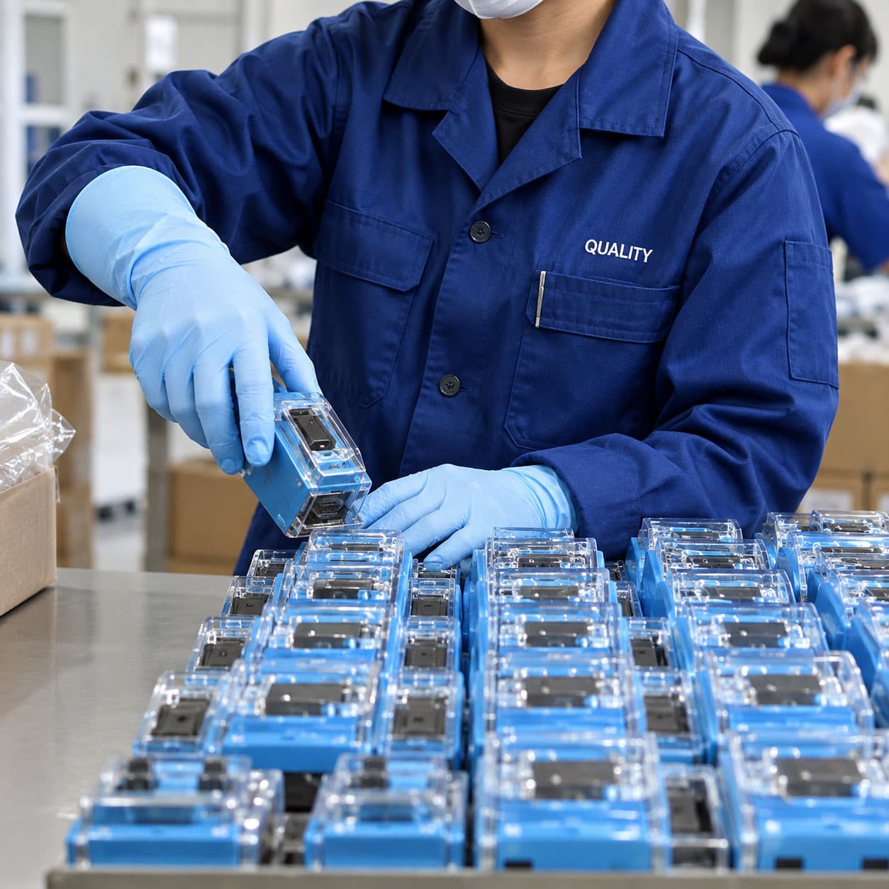 Quality specialist inspecting components during production